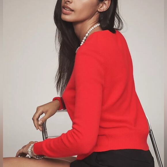 ANTHROPOLOGIE Cashmere Cardigan Red Classic Academia Holiday Christmas S - Picture 2 of 6